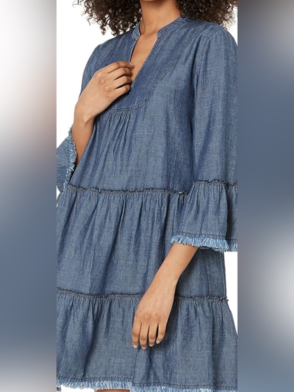 Trina Turk Blue Tiered Denim V-neck Tunic with Fringe Bell Sleeves mini dress